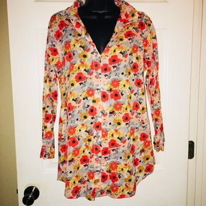 Anthropologie Floral Button-Down Blouse in Coral, Yellow & Gray